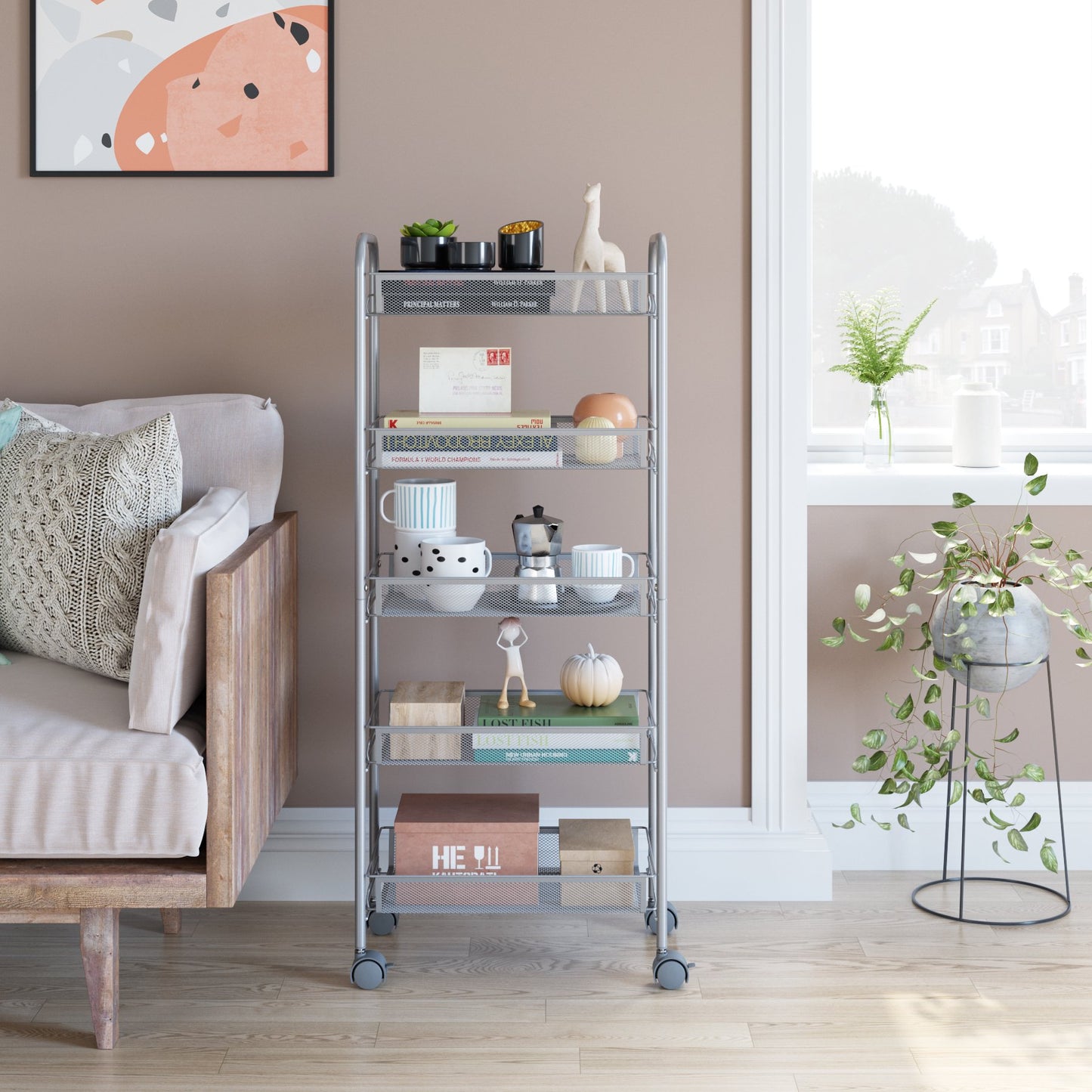 Kitchen Rolling Cart, Bathroom Storage Shelf, 5 Tier Mesh Vegetable Rack, Storage Trolley with Lockable Wheels, Silver Finish