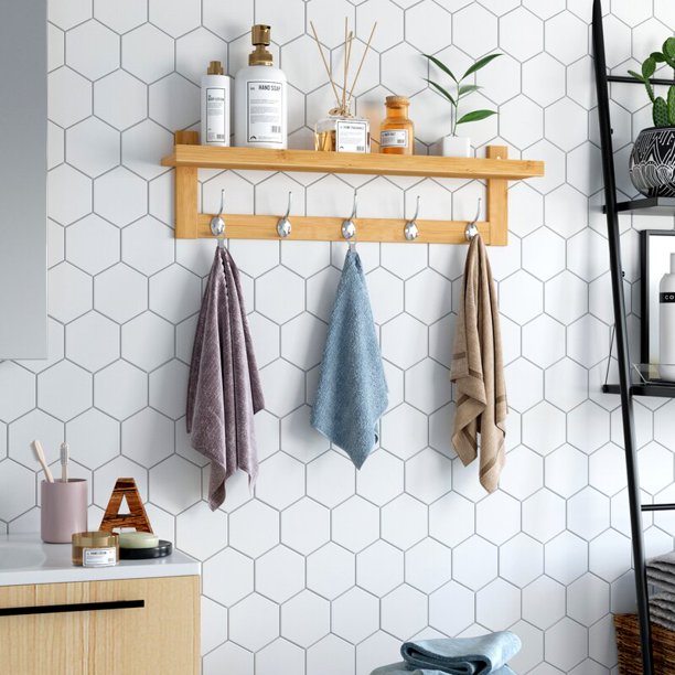 Homfa Wall Mounted Shelf with Storage, Bamboo Wall Coat Rack with 5 Hooks for Entryway, Natural