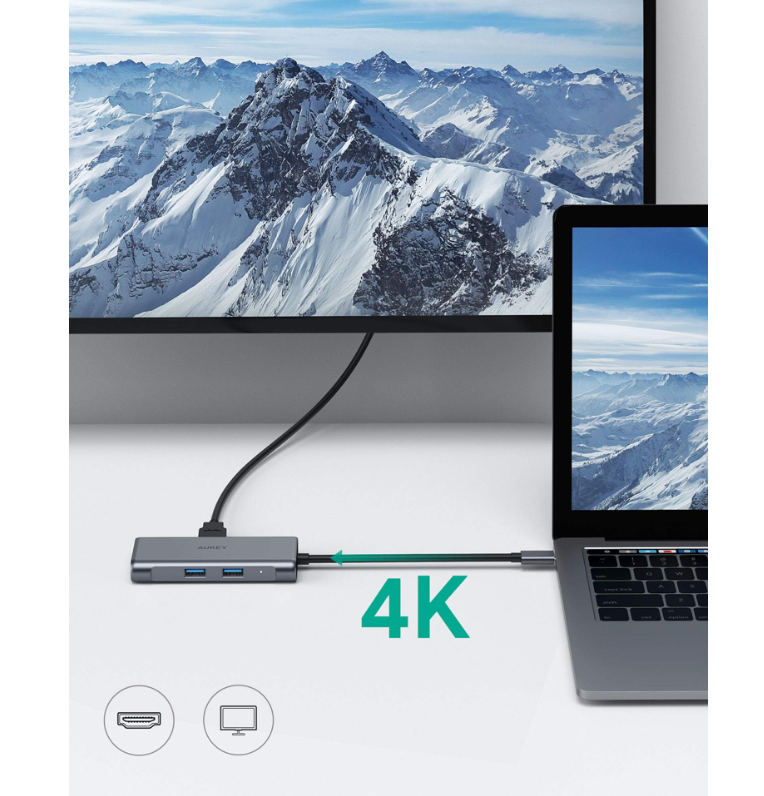 AUKEY USB C Hub Adapter, 6 in 1 Type C Hub with Ethernet Port 1000Mbps, 4K USB C to HDMI, 3 USB 3.0 Ports, 100W USB C PD Charging Thunderbolt 3 Docking Station