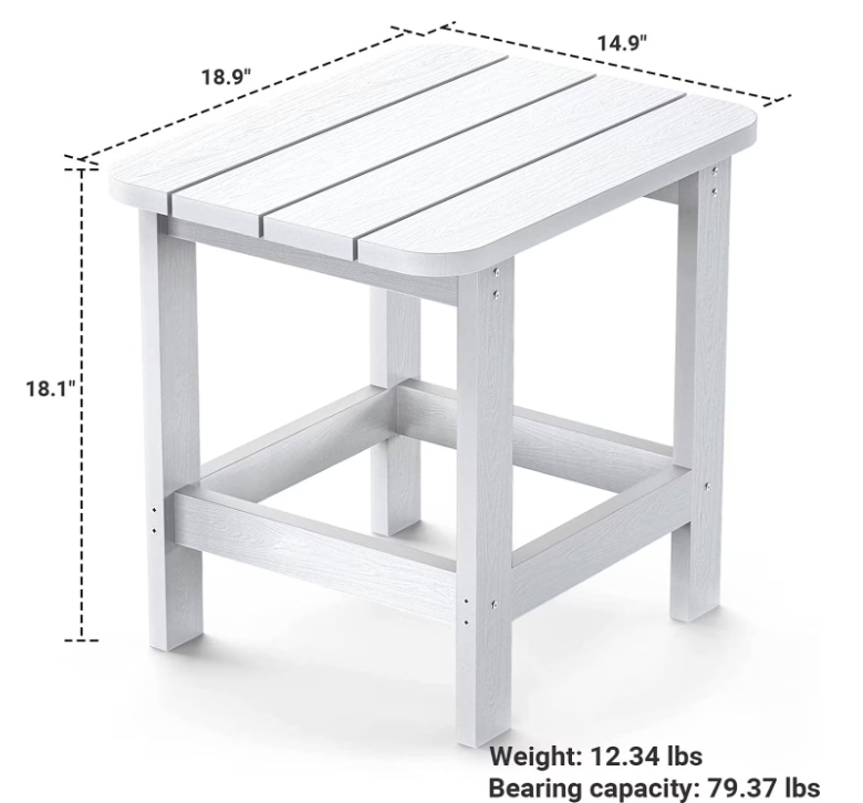 SNAN Outdoor Side Table, Adirondack Outdoor Side Table for Garden, Porch, Beach, Indoors and More, 18.9L 14.9W 18.1H Inches, White TF-3333C1