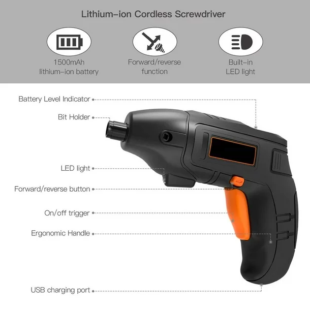 TACKLIFE Electric Cordless Screwdriver Rechargeable with LED Light, 10 Pcs Screwdriver Bits, Power Indicator 3.6V - SDP60DC