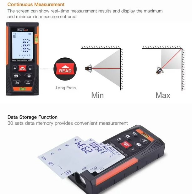 TACKLIFE Laser Measure,196Ft Mute Laser Distance Meter with 2 Bubble Levels, Pythagorean Mode -HD60