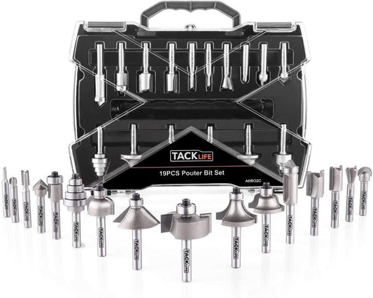 19Pcs Router Bits, Tacklife 15Pcs Professional Router Bit Set with 4Pcs Extra Bearing Sets, 1/4" Shank, C3 Micro-Grain Tungsten Carbide for Router and Router Table - ARB02C