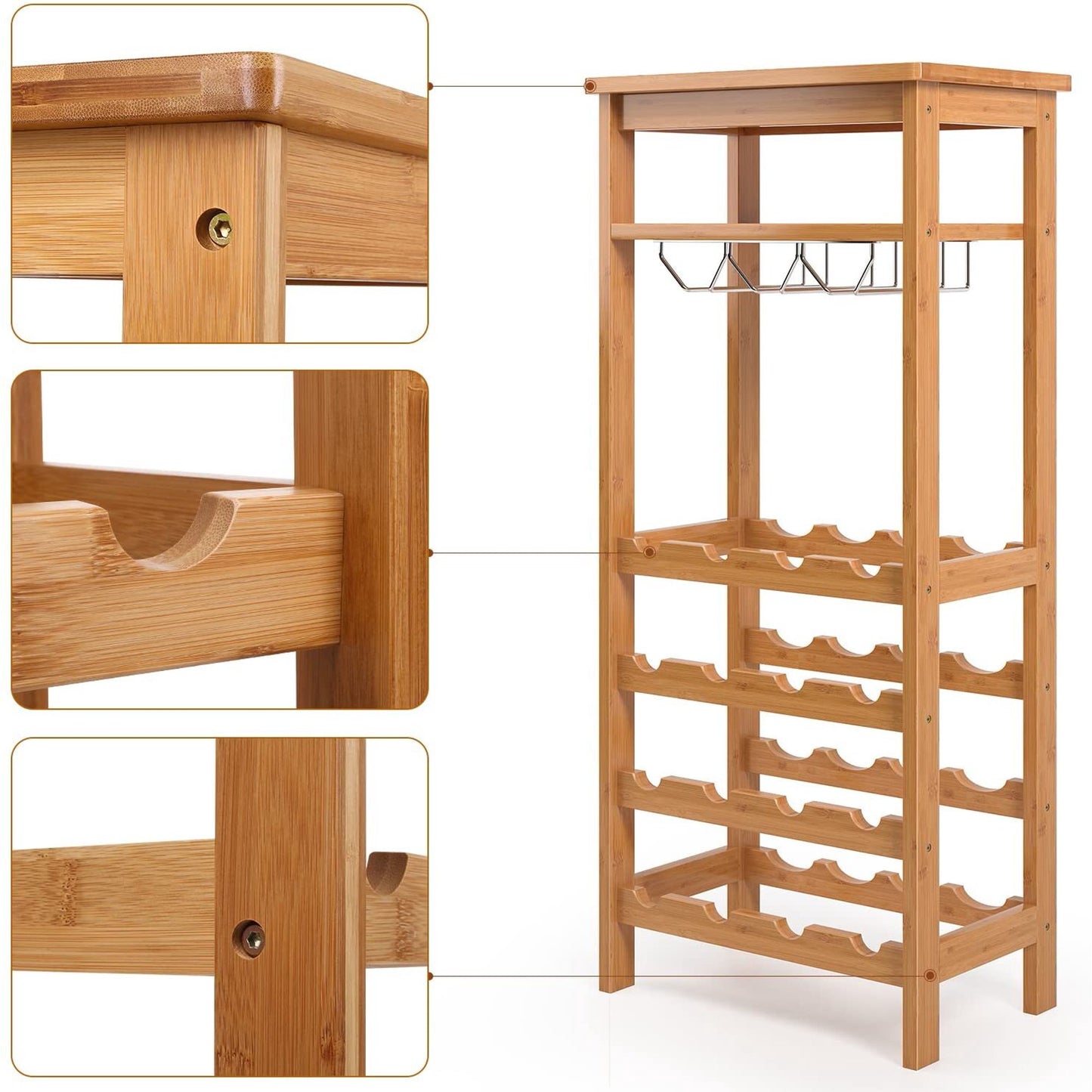 Homfa 4 Tier Bamboo Wine Rack, Free Standing Wine Storage Rack with Glass Holders for Home Kitchen, 16 Bottles Capacity, Natural Finish