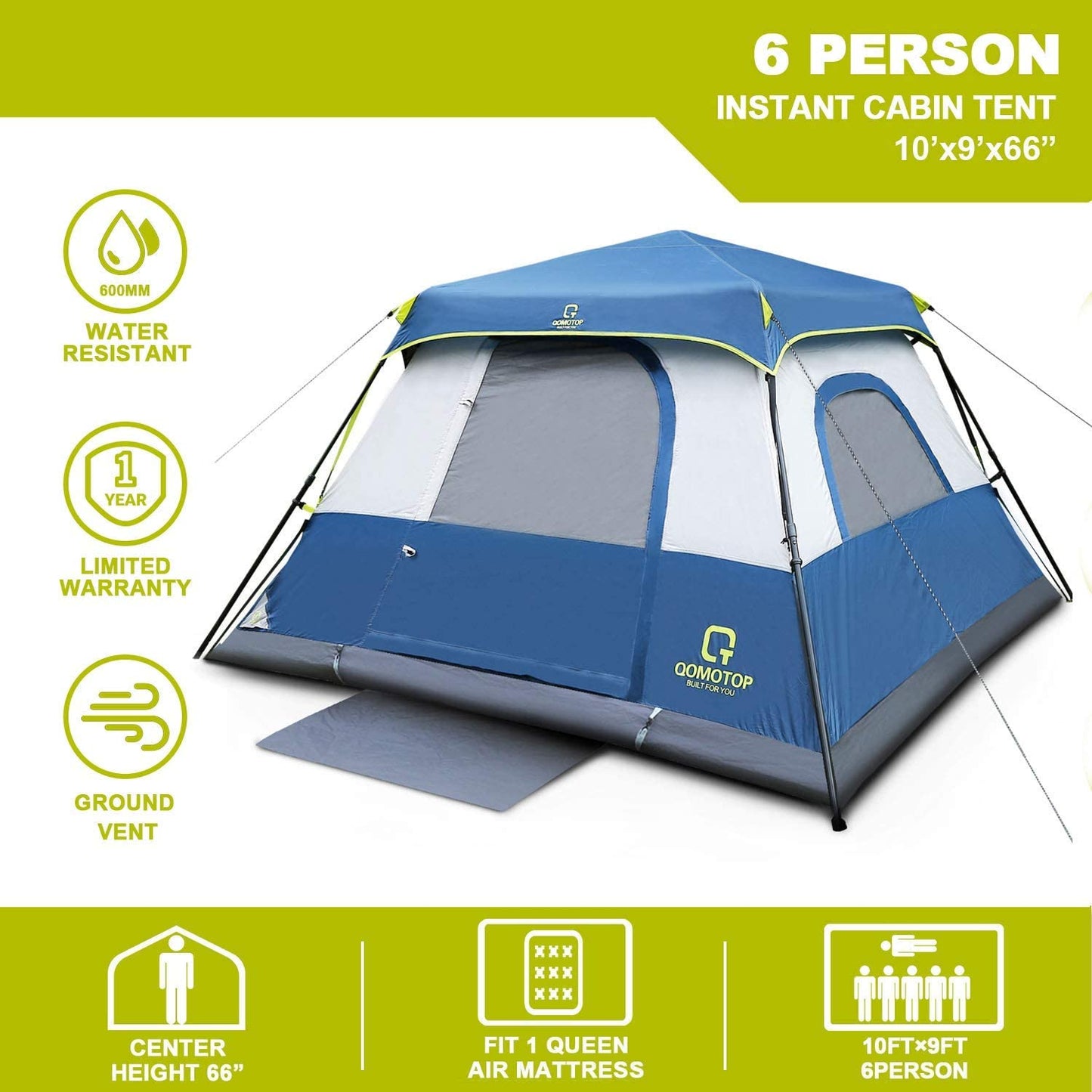 QOMOTOP 6 Person 60 Seconds Set Up Camping Tent, Waterproof Pop Up Tent with Top Rainfly, Instant Cabin Tent, Blue