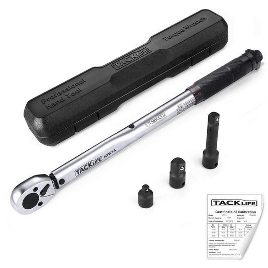 Tacklife 3/8" Drive Click Torque Wrench Set, With 1/2" & 1/4" Adapters And An Extension Bar (10-80 ft.-lb./13.6-108.5 Nm) - HTW1A