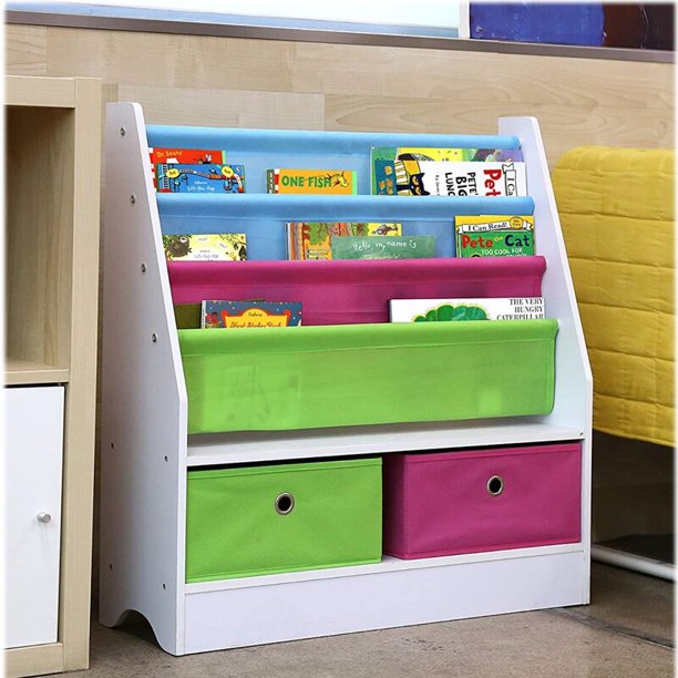 Homfa Kids Bookshelf with Toy Organizers and Storage, Bookcase for Kids Room, Book Rack Non-Woven Fabric with 2 Storage Bin for Toddlers