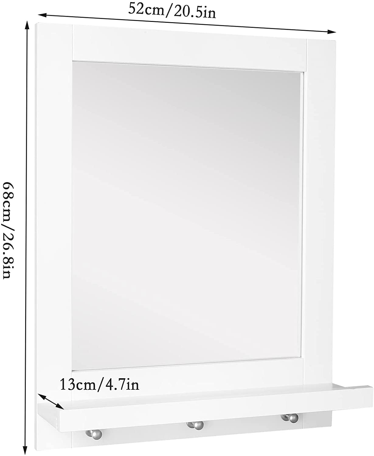Homfa Wall Mirror with Shelf，26 Inch Height Mirror for Wall, Modern Wall-Mounted Mirror with 1 Shelf 3 Hooks for Bathroom-White