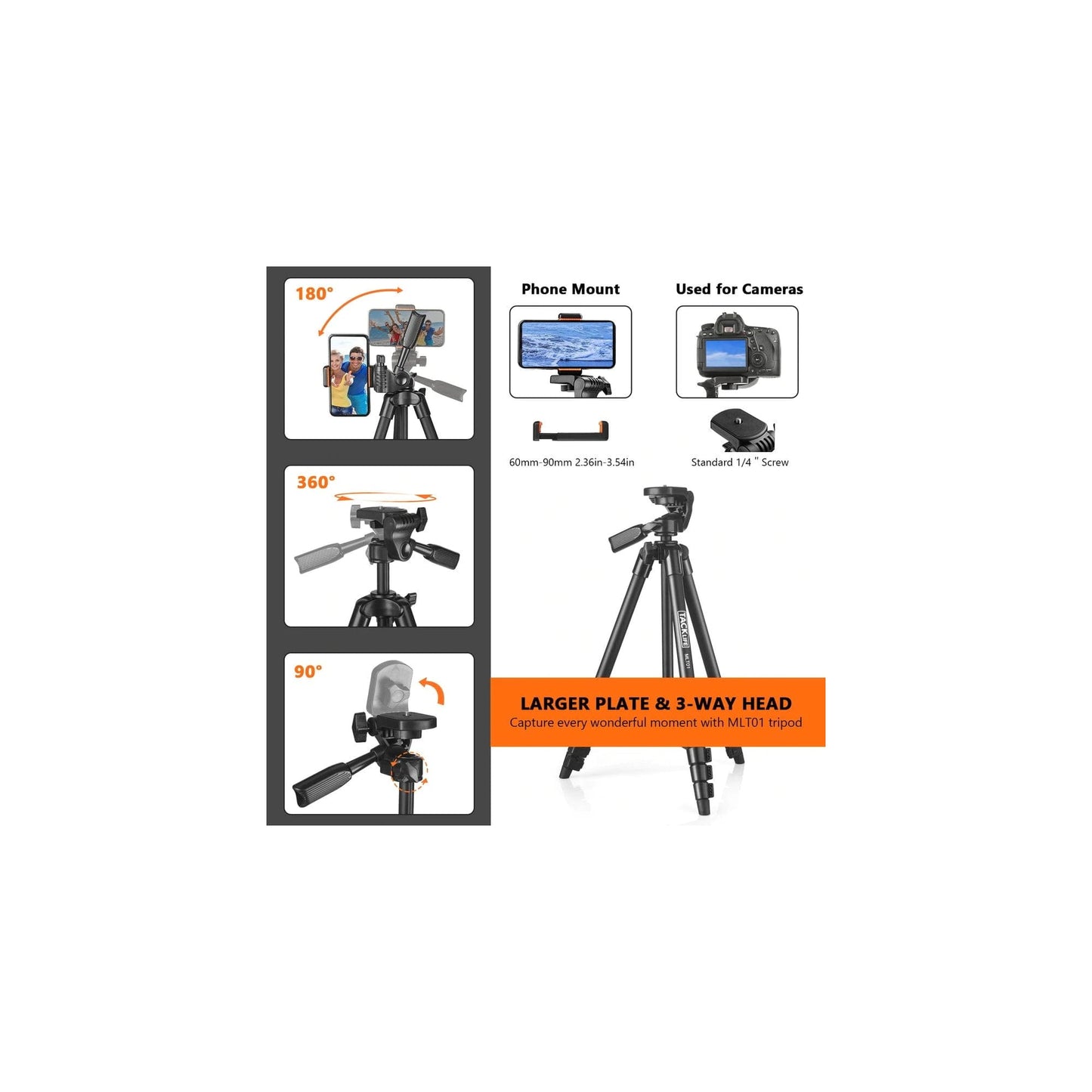 TACKLIFE Camera Tripod 55-inch Aluminum Travel /Selfie Phone Lightweight Tripod-MLT01