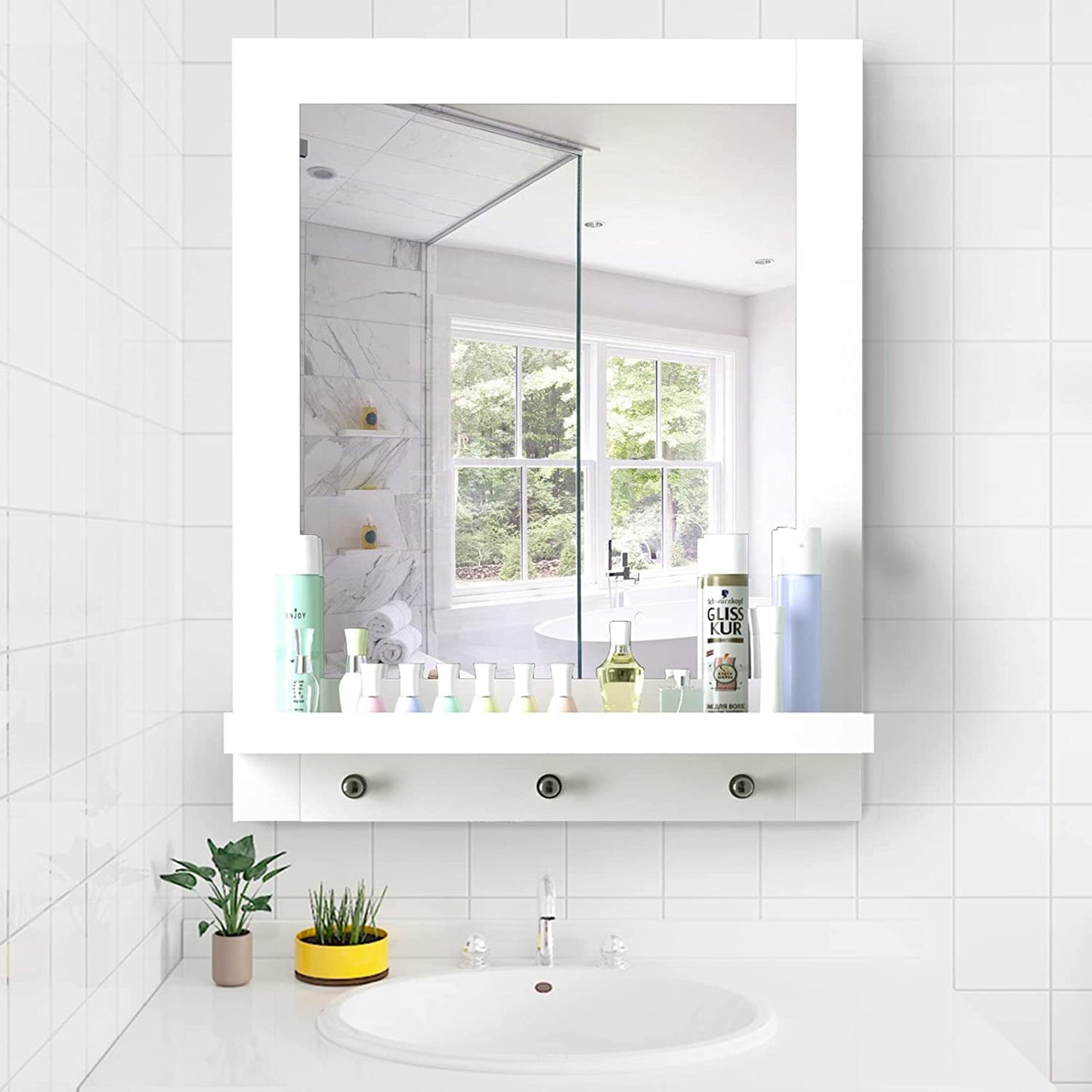 Homfa Wall Mirror with Shelf，26 Inch Height Mirror for Wall, Modern Wall-Mounted Mirror with 1 Shelf 3 Hooks for Bathroom-White