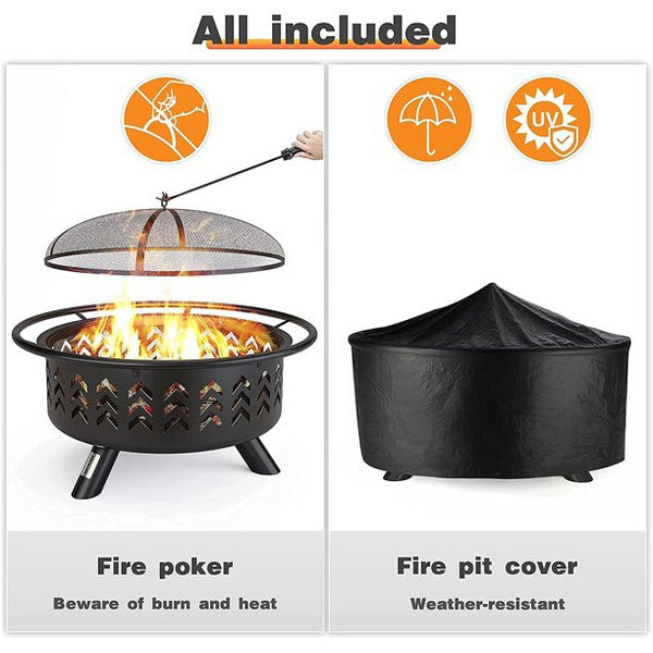QOMOTOP Outdoor Fire Pit, 36 in Large Steel Wood Burning Fire pits with Spark Screen and Fireplace Cover, for Patio Party & Bonfire QTFP03