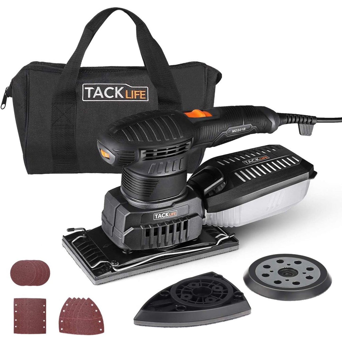 TACKLIFE 3 In 1 Multi-Function Electric Sander With 15 Pcs Sandpapers and 6 Variable Speeds, Efficient Dust Collection System For Woodworking - MDS01B
