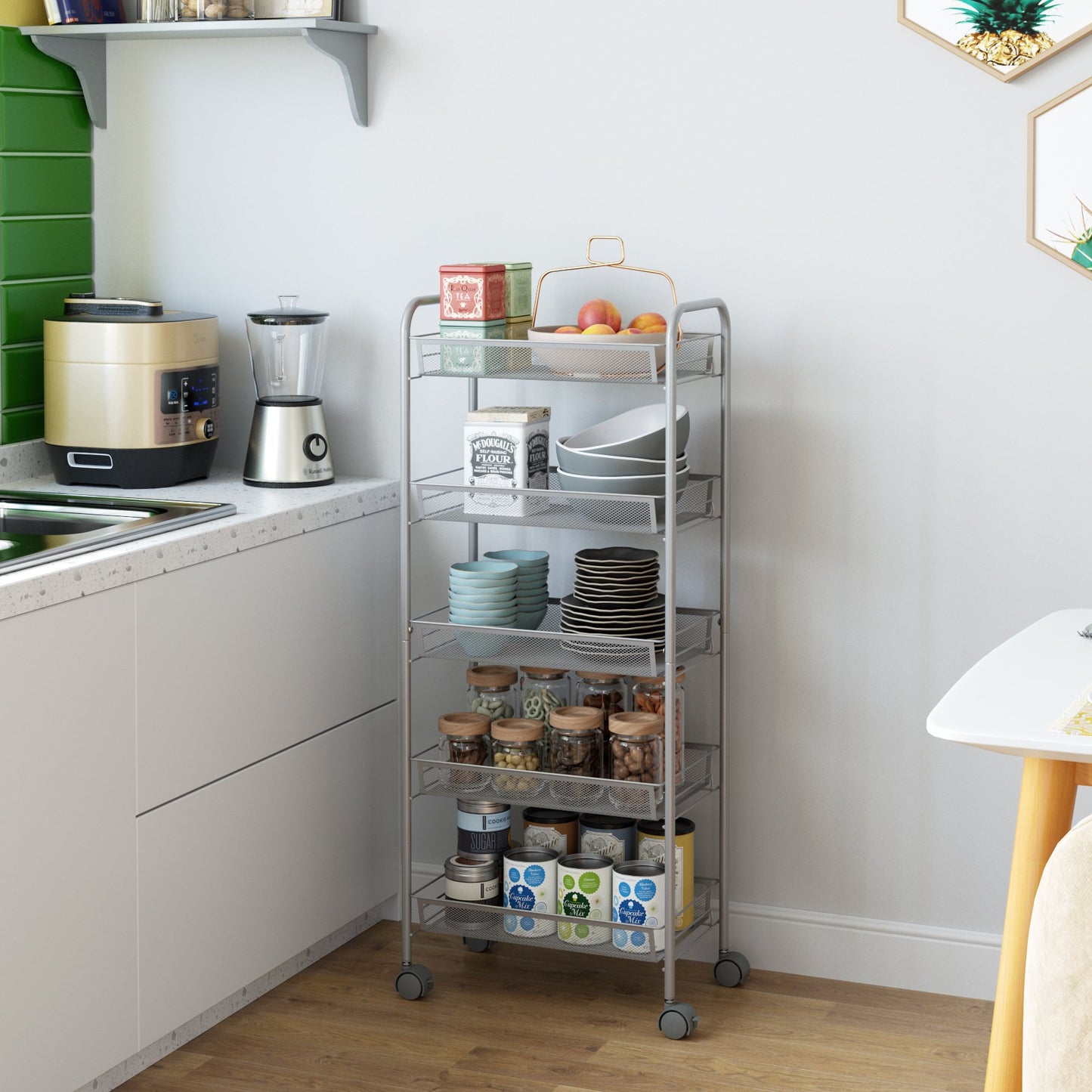Kitchen Rolling Cart, Bathroom Storage Shelf, 5 Tier Mesh Vegetable Rack, Storage Trolley with Lockable Wheels, Silver Finish