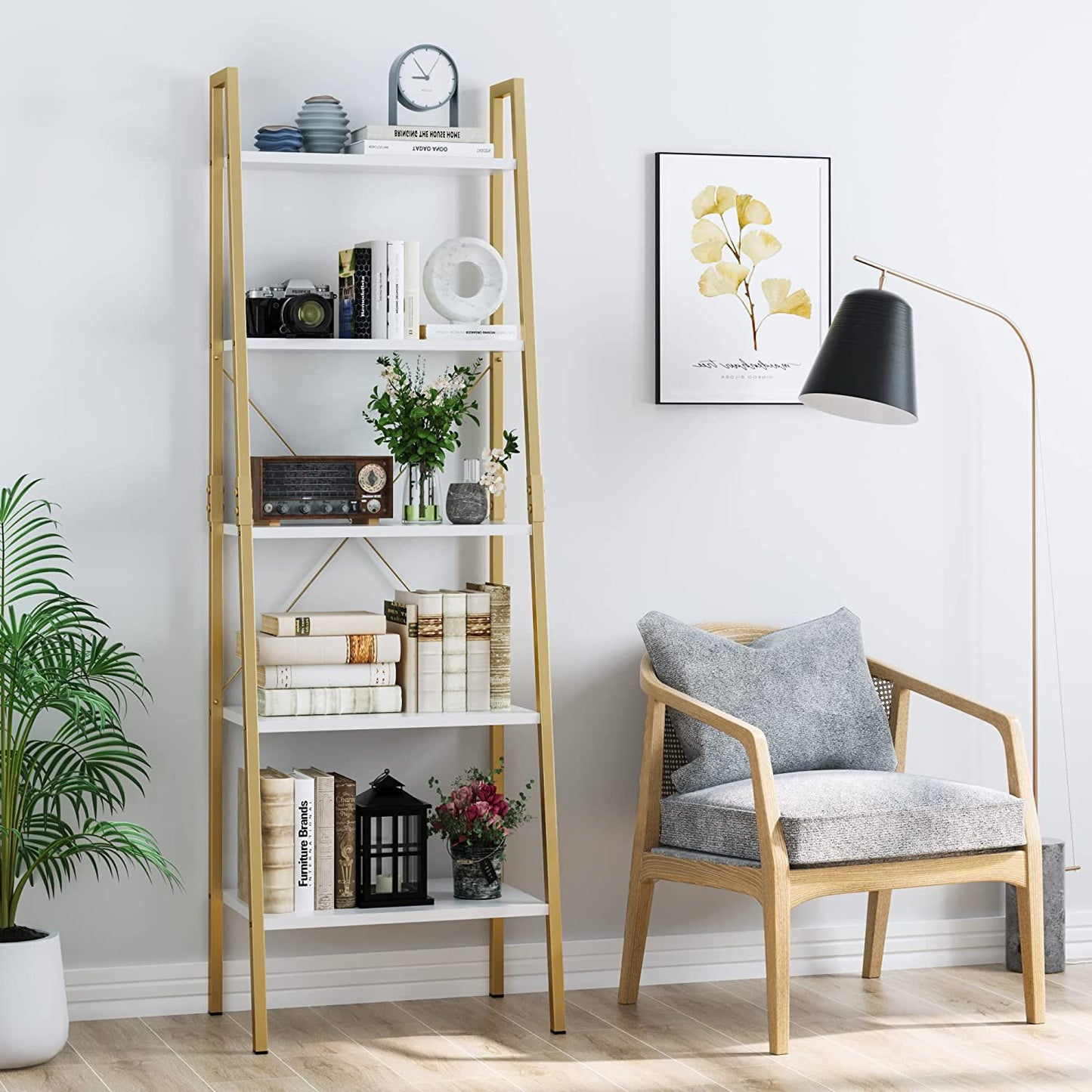 Homfa 5 Tier Gold Bookshelf, Modern Ladder Storage Shelf with Metal Frame for Office Living Room,White and Gold