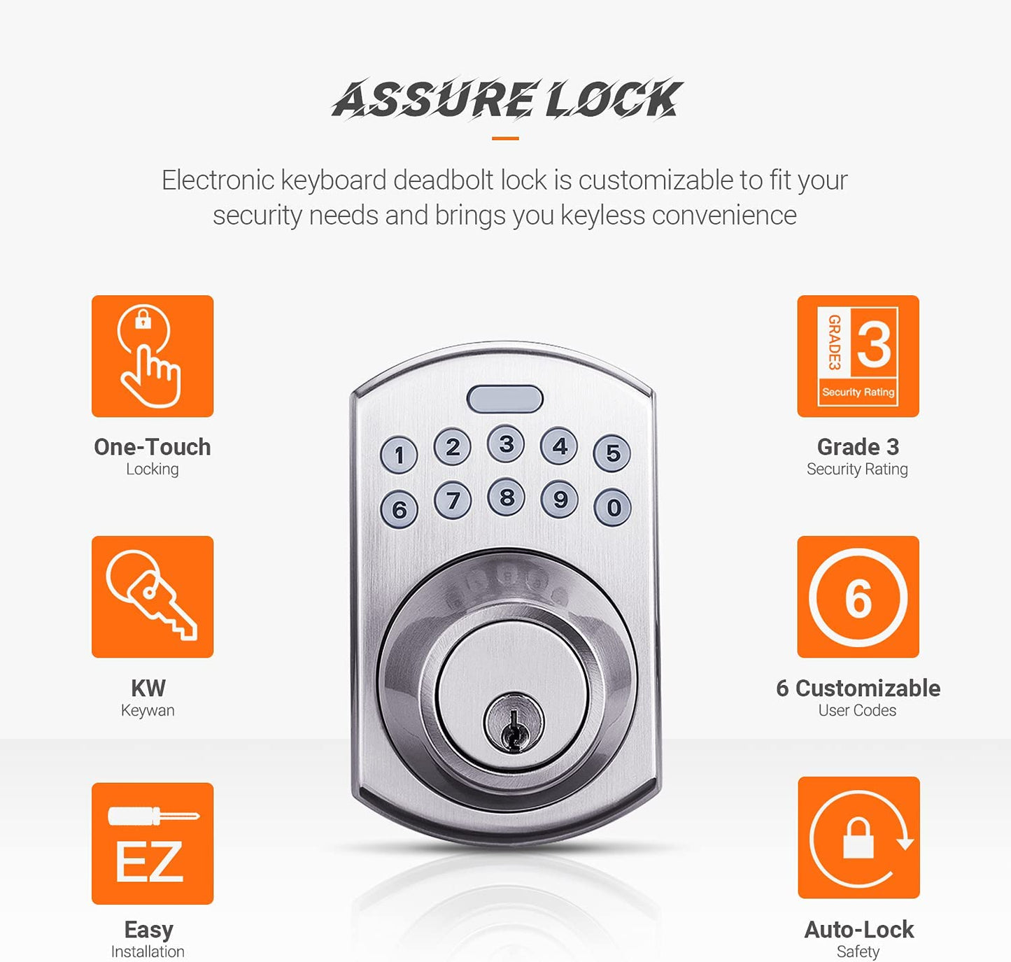 Keypad Deadbolt, Keyless Entry Lock Single Cylinder Front Door Lock with Polo Knob Featuring 1 Touch Motorized Locking, Auto Locking and Easy to Install, Stain Nickel