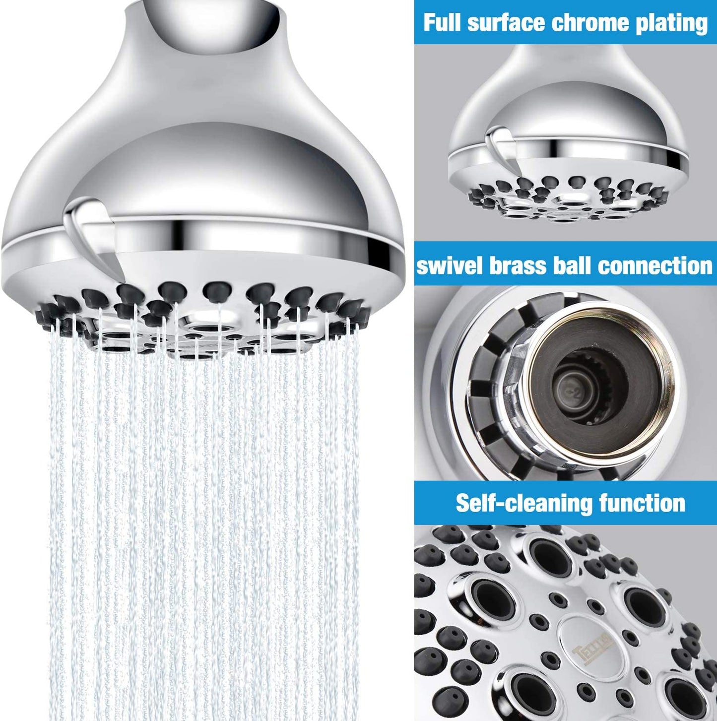 Shower Head, TECCPO 3.5 Inch 5-Setting High Pressure Fixed Chrome Shower Head, with Massage & Self-Cleaning Function, Wall Mounted, Anti-Clog & Anti-Leak, Tool-Free 1 Min Installation