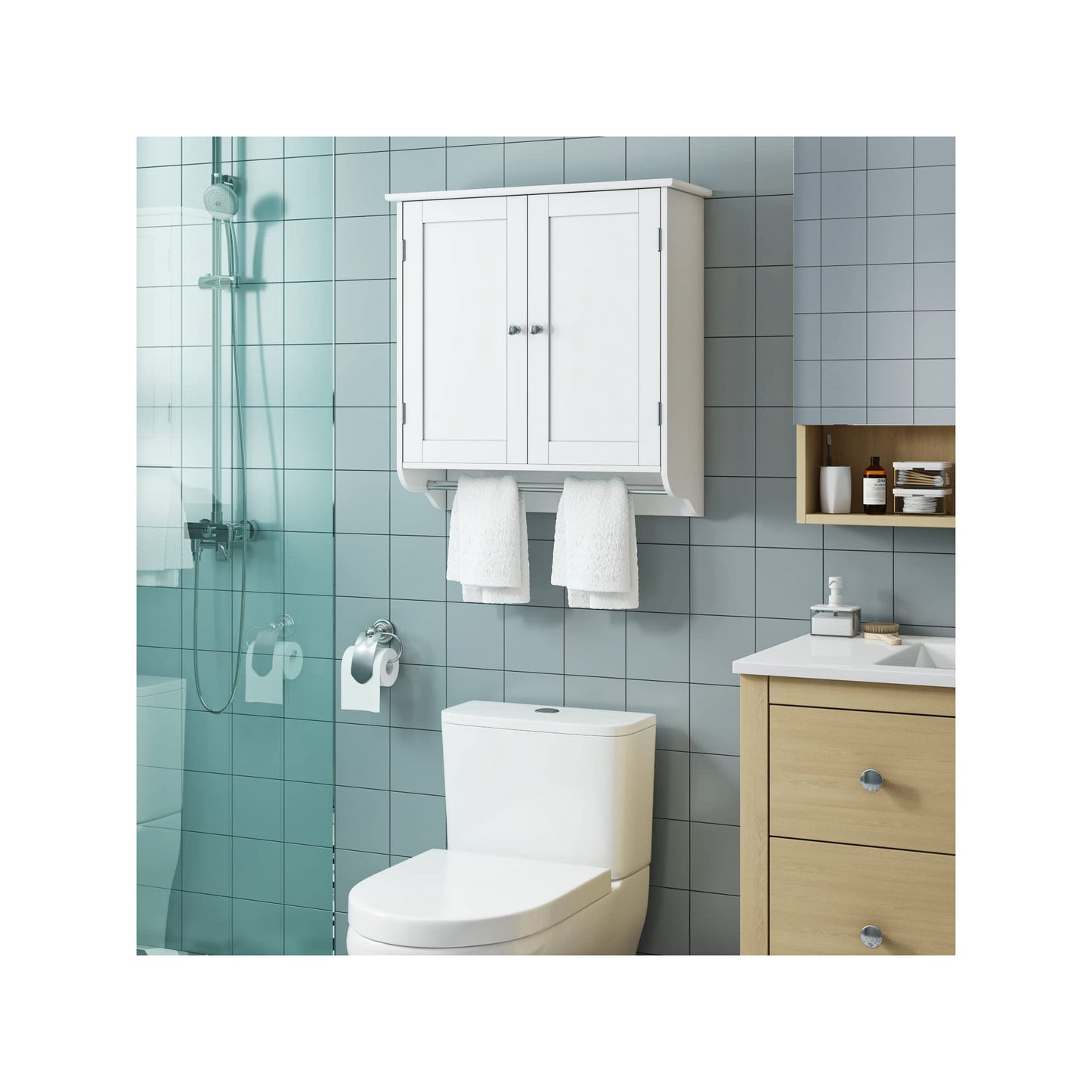 Homfa Bathroom Wall Cabinet, Over The Toilet Storage Cabinet with Double Door Cupboard and Adjustable Shelf and Towels Bar, White