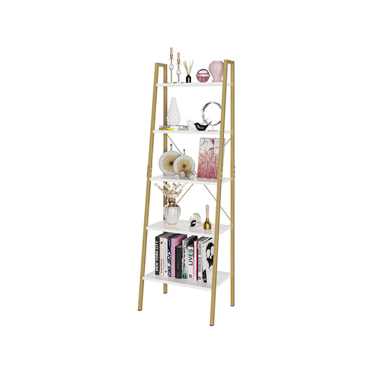 Homfa 5 Tier Gold Bookshelf, Modern Ladder Storage Shelf with Metal Frame for Office Living Room,White and Gold