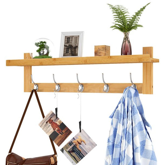 Homfa Wall Mounted Shelf with Storage, Bamboo Wall Coat Rack with 5 Hooks for Entryway, Natural