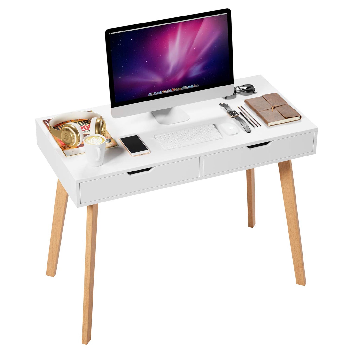 Homfa Desk Table Study Writing Table Durable For Computer For Studio Office Bedroom With 2 Drawers White 100 x 50 x 77 CM
