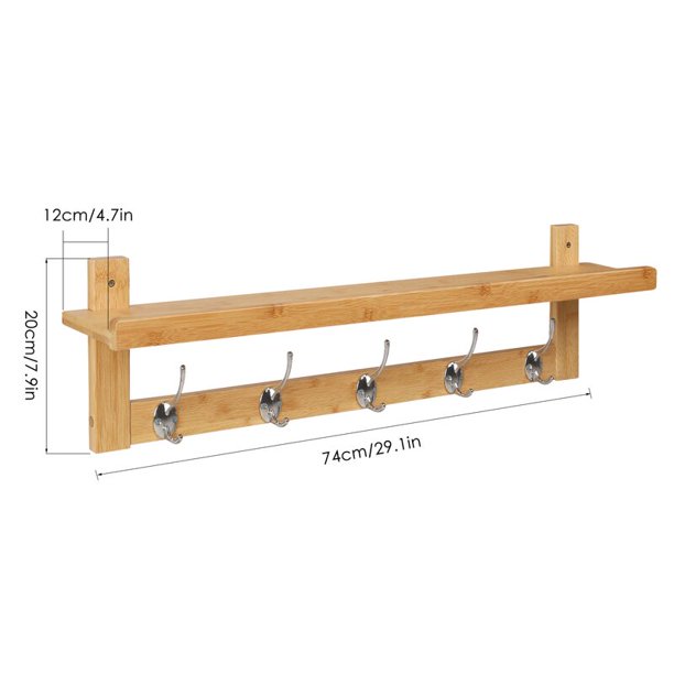 Homfa Wall Mounted Shelf with Storage, Bamboo Wall Coat Rack with 5 Hooks for Entryway, Natural